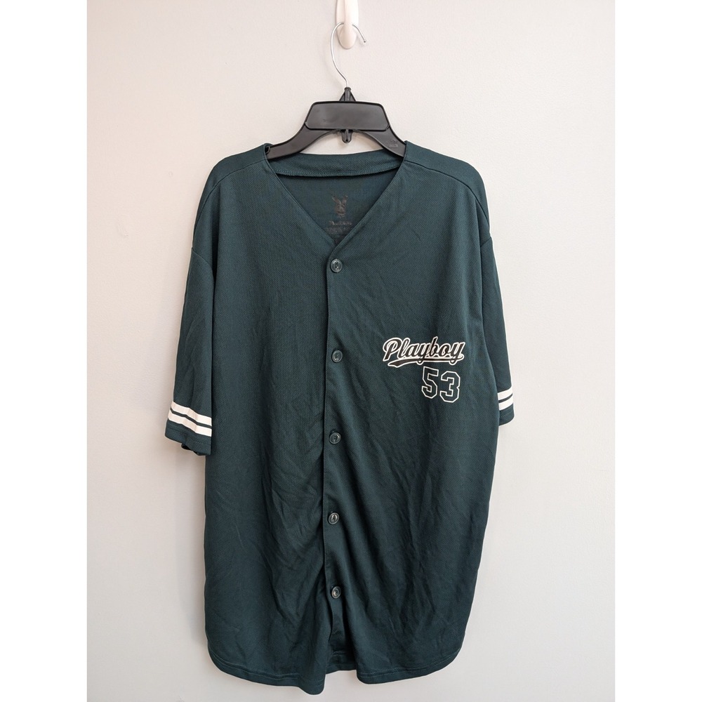 C5 Playboy Y2K Men's Green‎ & White Button Up Baseball 53 Jersey  Size L